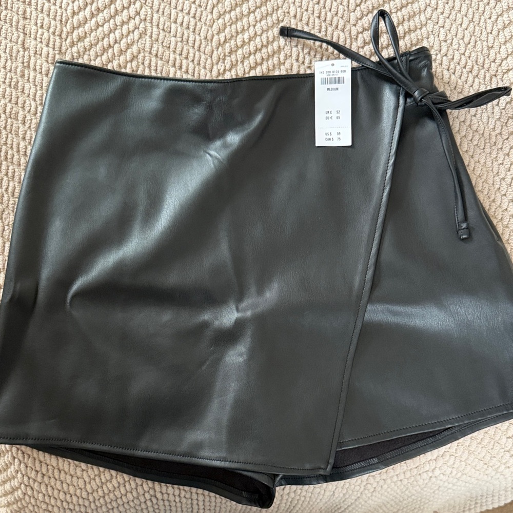 Abercrombie Faux Leather Black Wrap Skort with Tie Waist